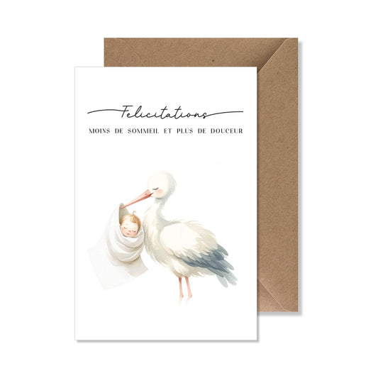 Carte de vœux A6 "félicitations" aquarelle cigogne